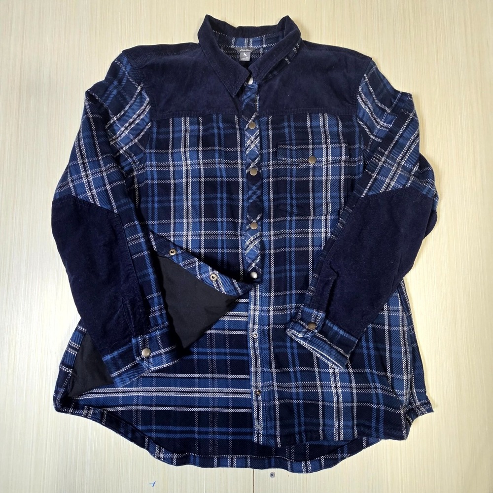 Eddie Bauer Flannel Jacket Women's‎ XL Navy Blue Plaid Long Sleeve Snap Front